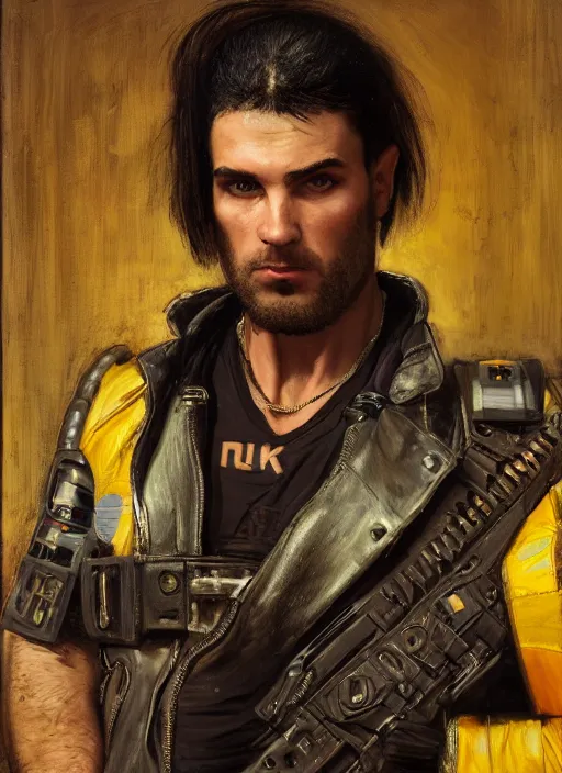 Image similar to big mike. cyberpunk boxer wearing a military vest and combat gear. (Cyberpunk 2077, bladerunner 2049). Round face. Iranian orientalist portrait by john william waterhouse and Edwin Longsden Long and Theodore Ralli and Nasreddine Dinet, oil on canvas. Cinematic, hyper realism, realistic proportions, dramatic lighting, high detail 4k