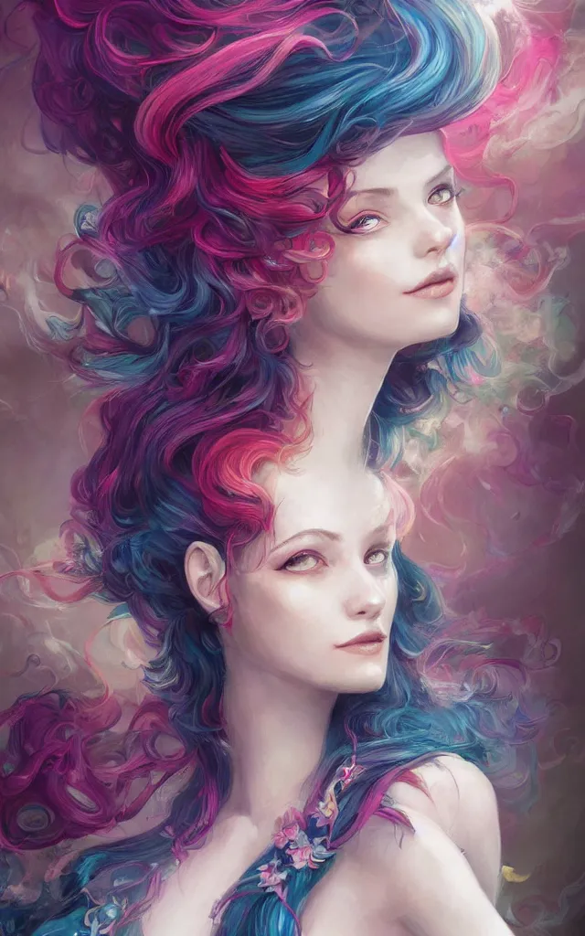 Image similar to a colorful and provenance illustrations painting of the fantasy female who with floral wing, highly detailed, her hair made of hair made of air wind and curling smoke, mist, dust, genie, spirit fantasy concept art, art by charlie bowater and ketner, jeremiah, trending on artstation.