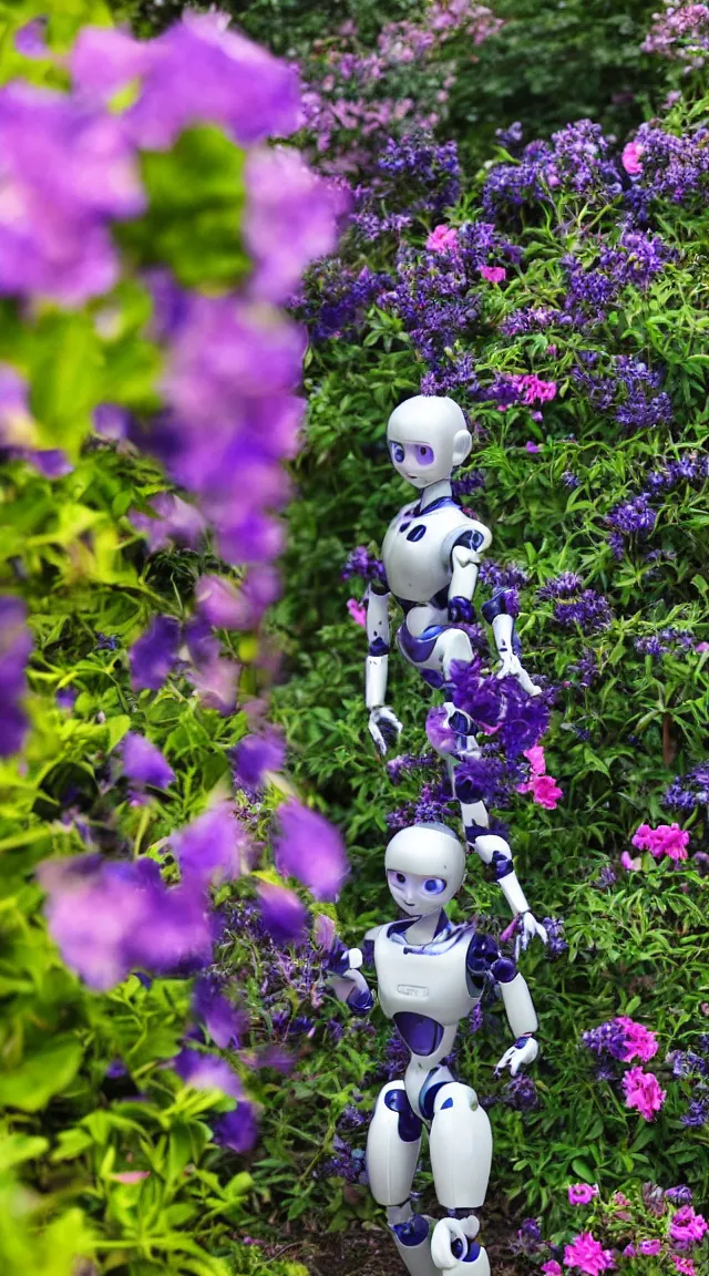 Image similar to toy humanoid robot in a garden, hyper detailed, sharp focus, bokeh, unreal engine, ray tracing, cute, fantasy, sci fi, purple flowers, blue flowers, violet flowers, glowing flowers, tiny, small, hyper realistic, sky