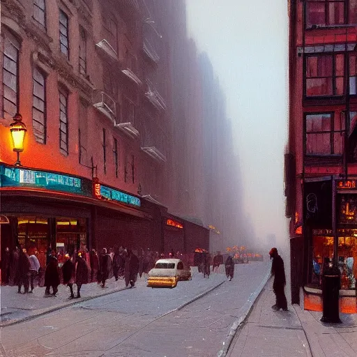 Image similar to a matte painting of nyc streets of soho in year 2 0 1 8, matte painting, dusk, fashion, by rozalski and peter ilsted, artstation