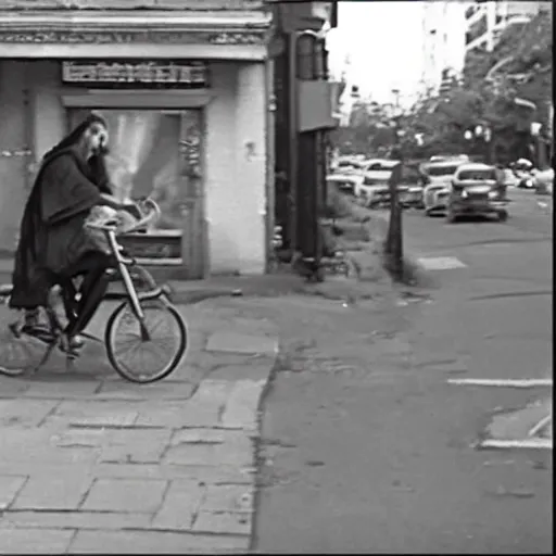 Prompt: cctv footage of jesus christ stealing a bike