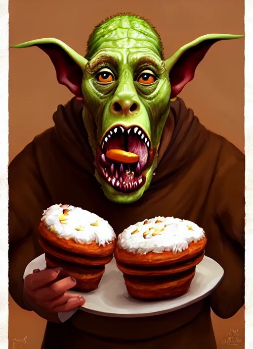 Image similar to portrait of a medieval goblin eating cakes beautiful face hyper realistic highly detailed digital painting artstation illustration co