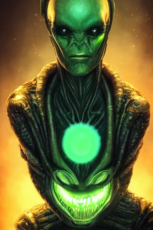 Image similar to alien character, cinematic lighting, intricate details, green smoke dark background, ring light, alex ross, mark waid, jonathan hickman, joe sinnot, jack kirby style arts, trending on artstation featured on behance,