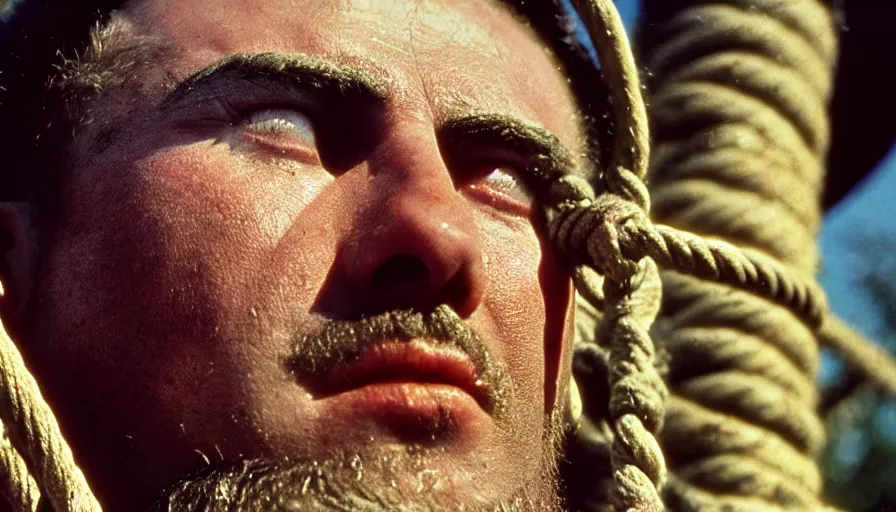 Image similar to 1 9 6 0 s movie still close - up of marcus atilius regulus tied with ropes at a pole with his bleeding eyes looking at the sun, cinestill 8 0 0 t 3 5 mm eastmancolor, high quality, heavy grain, high detail, texture, dramatic light, anamorphic, hyperrealistic, detailed hair