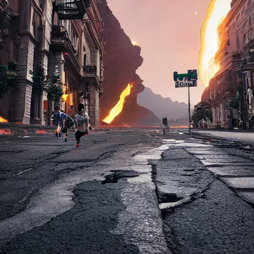 Prompt: lava coming out of cracks in the street, people running, cinematic, photorealistic