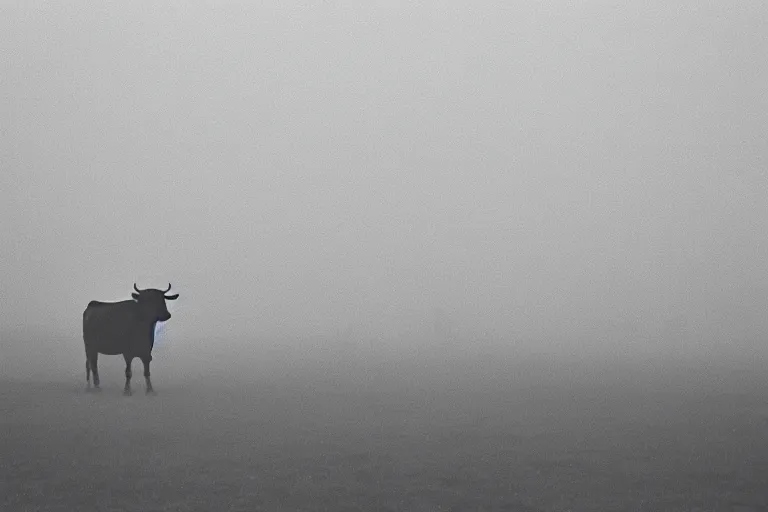 Image similar to film photography, straight colors, minimalism, cow in the blue fog, 35mm