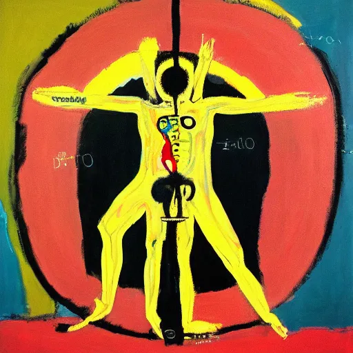 Image similar to painting of the vitruvian man by graham sutherland, basquiat, neo - expressionism, muted colors!