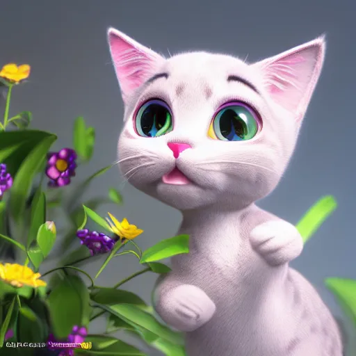 Image similar to tabi cat with flowers, anime, disney, pixar, 8 k, hd, dof, kodak film, volumetric lighting, subsurface scattering, photorealistic, octane render, details