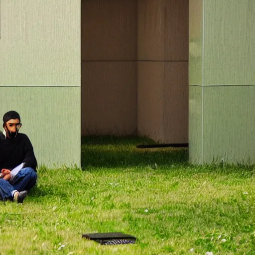 Prompt: a worker is sitting bored in front of a desk, it is inside a small cubicle which is completely surrounded by beautiful nature, bird perspective