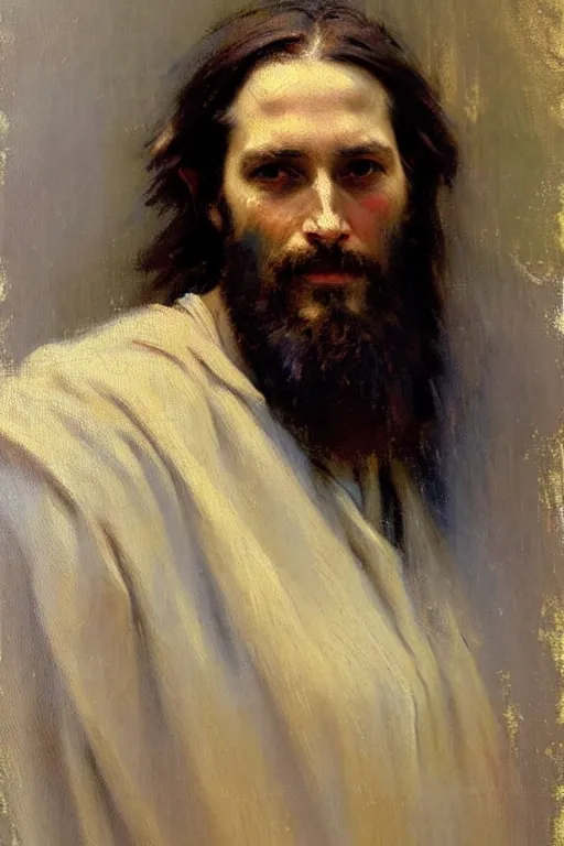 Image similar to impressionist brushstrokes!!!!!!!!! solomon joseph solomon and richard schmid and jeremy lipking victorian loose genre loose painting full length portrait painting of jesus with a slight smile