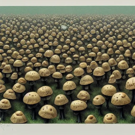 Prompt: a hyperrealistic painting of an army of angry mushrooms, by john kenn mortensen, highly detailed,