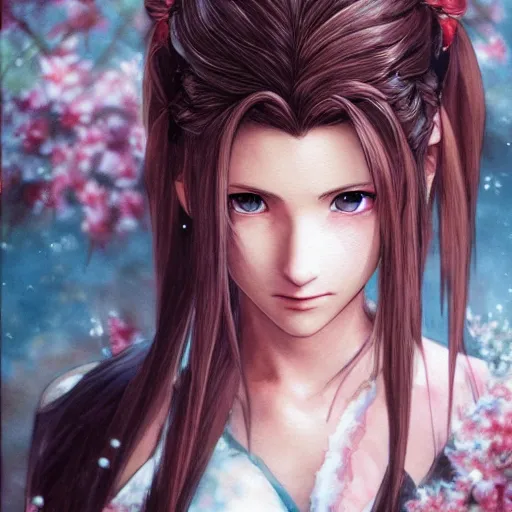 Prompt: portrait of aerith!!!!!!!!! from final fantasy vii, water - color painting by amano yoshitaka, ultra realistic, highly detailed, sharp focus, cinematic lighting, mood lighting, realistic, vivid colors