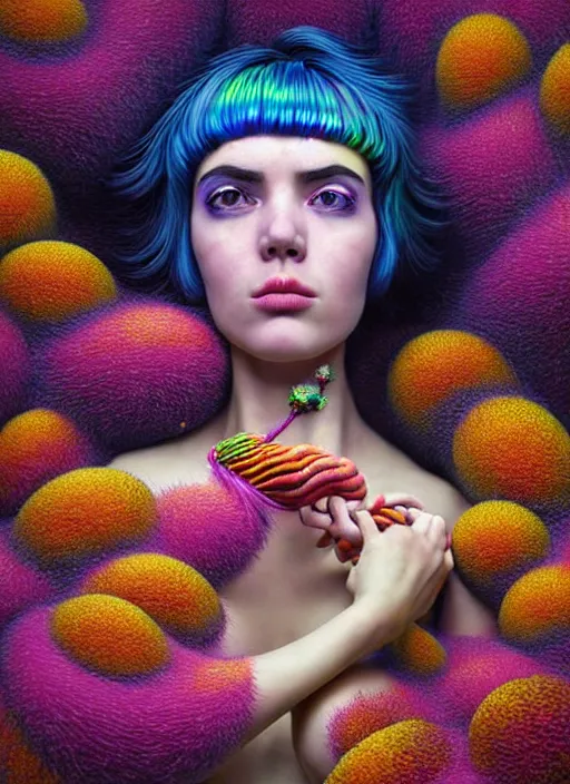 Image similar to hyper detailed 3d render like a Oil painting - Ramona Flowers with wavy black hair wearing thick mascara seen Eating of the Strangling network of colorful yellowcake and aerochrome and milky Fruit and Her staring intensely delicate Hands hold of gossamer polyp blossoms bring iridescent fungal flowers whose spores black the foolish stars by Jacek Yerka, Mariusz Lewandowski, cute silly face, Houdini algorithmic generative render, Abstract brush strokes, Masterpiece, Edward Hopper and James Gilleard, Zdzislaw Beksinski, Mark Ryden, Wolfgang Lettl, Dan Hiller, hints of Yayoi Kasuma, octane render, 8k