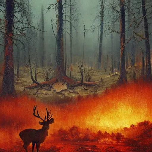 Prompt: a forest in a extreme fallout, with radioactive rain and flames everywhere, a deer is in the middle of the scenery by greg rutkowski, 4 k, realistic oil painting