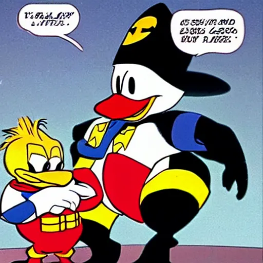 Prompt: Donald Duck dressed as Batman fighting crime in Gothan City together with The Hulk, cartoon