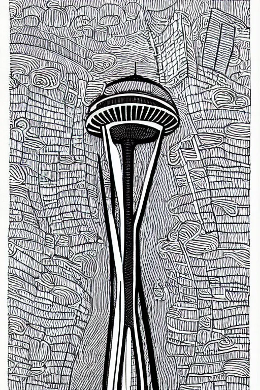 Image similar to space needle in detailed pen and ink drawing style