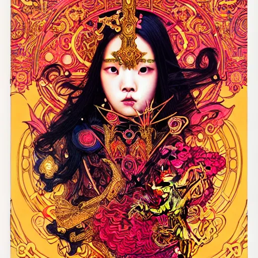 Image similar to jisoo + blackpink + elements + red + gold + neon + baroque + rococo + white + orange + ink + tarot card, ornate + by marc simonetti, paul pope, peter mohrbacher, detailed, intricate ink illustration + damask + award winning + 8 k