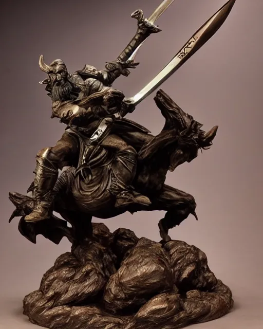 Prompt: a full figure rubber sculpture of running Orc holding a sword, by Frazetta and Bernini, dramatic lighting, wide angle lens