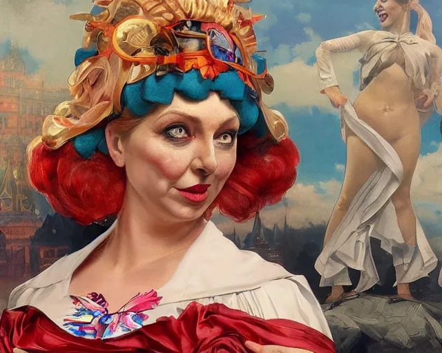 Prompt: liz truss dressed as a clown, in the background is a giant putin, vivid eyes, real life skin, intricate, elegant, highly detailed, artstation, concept art, smooth, sharp focus, art by artgerm and greg rutkowski and alphonse mucha