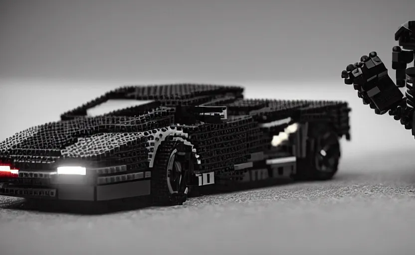 Prompt: a robot plays with a black lego lamborghini. soft light. dark background. cinematic. intricate. highly detailed