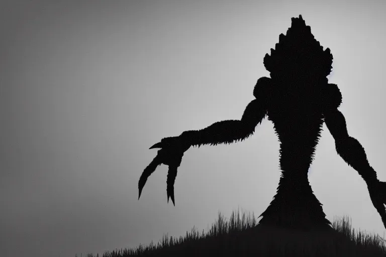 Image similar to a black and white photo of giant monster silhouette, in the style of ansel adams, octane render 8 k