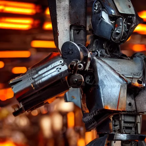 Image similar to closeup of mecha with surface of cutlery, dark messy smoke - filled cluttered workshop, dark, dramatic lighting, orange tint, cinematic, highly detailed, sci - fi, futuristic, movie still from blade runner