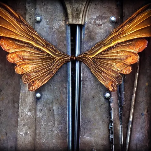 Image similar to fairy wings, metal, steampunk, macro, award winning photo