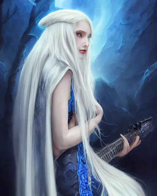 Prompt: A beautiful mysterious girl with hooded cobalt-blue eyes and silky white hair, guitar shape build, her wardrobe is attractive, full body, fantasy art, in the style of Tony Sart, illustration, epic art, fantasy, intricate, elgant, amazing detail, digital painting, artstation, concept art, smooth, sharp focus