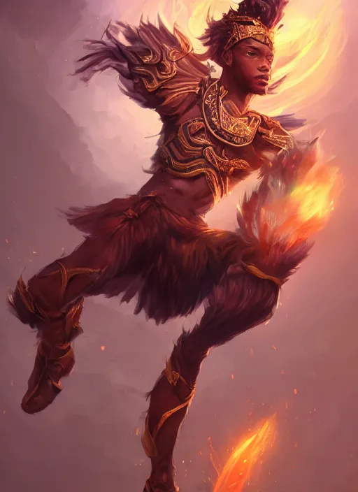 Image similar to a highly detailed illustration of attractive young african fire god with tall hair, heroic kicking pose, intricate, elegant, highly detailed, centered, digital painting, artstation, concept art, smooth, sharp focus, league of legends concept art, wlop