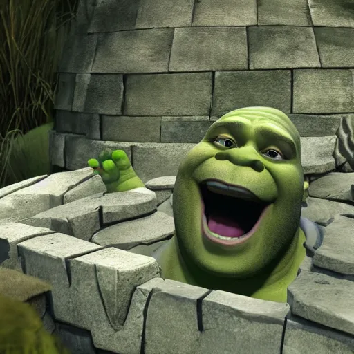 Image similar to shrek in a liminal space pool