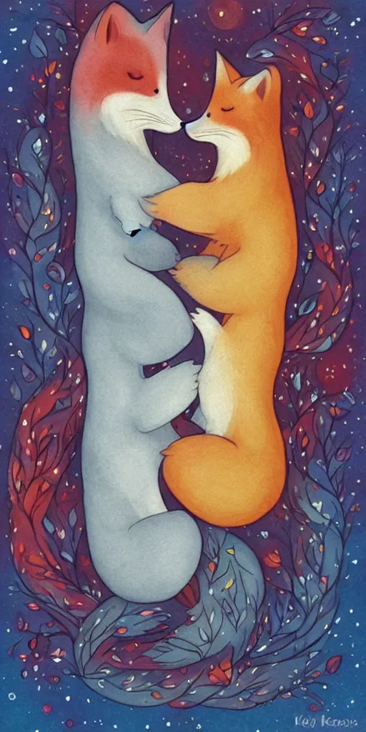 Prompt: greeting card, love, 2 affectionate foxes, by kelly mckernan, warm colors, cozy