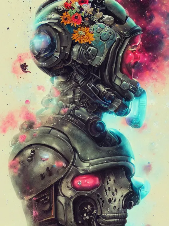 Prompt: art portrait of space marine with flower exploding out of head,8k,by tristan eaton,Stanley Artgermm,Tom Bagshaw,Greg Rutkowski,Carne Griffiths,trending on DeviantArt,face enhance,hyper detailed,minimalist,cybernetic, android, blade runner,full of colour,