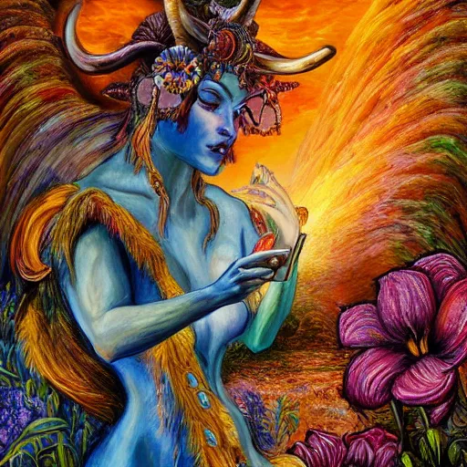 Prompt: detailed acrylic on canvas by josephine wall, horned ram goddess checking her cell phone, erupting volcano and sunset in distance, flowers in foreground, fantasy, trending on artstation, by senior concept artist, intricately detailed, high resolution, hdr, 8 k