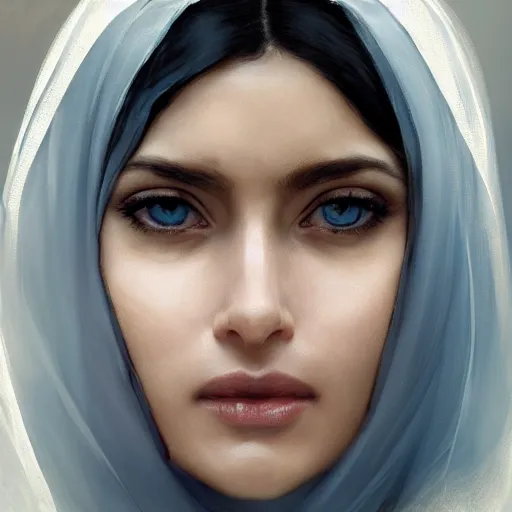 Image similar to a Photorealistic dramatic hyperrealistic render of an arab ameera al taweel, blue eyes, black wavy hair, white veil,by WLOP,Artgerm,Greg Rutkowski,Alphonse Mucha, Beautiful dynamic dramatic dark moody lighting,shadows,cinematic atmosphere,Artstation,concept design art,Octane render,8K