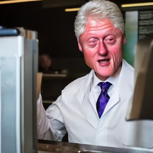 Image similar to first picture of bill clinton cameo as a mcdonald's worker in new movie, ( eos 5 ds r, iso 1 0 0, f / 8, 1 / 1 2 5, 8 4 mm, postprocessed, crisp face, facial features )