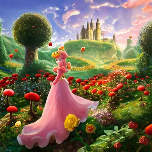 Image similar to portrait of princess peach from Mario, running up a hill of exotic flowers in the Mushroom Kingdom, giant red and white spotted mushrooms, and roses, from behind, Castle in distance, birds in the sky, sunlight and rays of light shining through trees, beautiful, solarpunk!!!, highly detailed, digital painting by Michael Garmash and Peter Mohrbacher