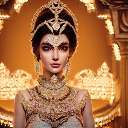 Image similar to portrait of pretty princess with perfect skin, glowing, ornate and intricate diamond jewelry, jaw dropping beauty, ornate and intricate backdrop, white accent lighting, hyper detailed, 4 k octane render