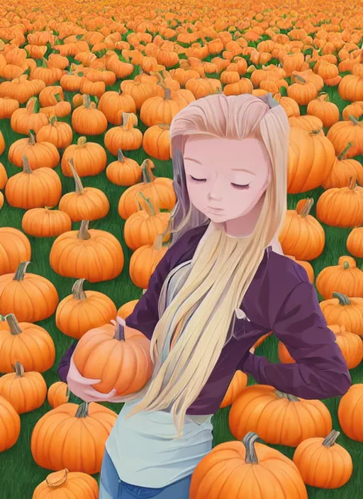 Image similar to little girl with long blonde hair visiting a pumpkin patch. clean cel shaded vector art. shutterstock. behance hd by lois van baarle, artgerm, helen huang, by makoto shinkai and ilya kuvshinov, rossdraws, illustration, art by ilya kuvshinov