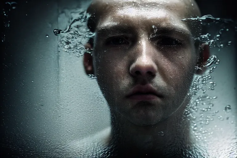 Prompt: an ultra realistic, cinematic, fantasy, portrait, of a prisoner, face in water, dramatic, soft light, dreamy, facial features, stood in a cell, with prison clothing, detailed, deep focus, movie still, dramatic lighting, ray tracing, by michal karcz and yoshitaka amano