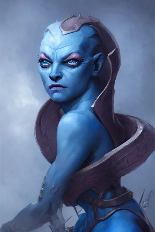 Image similar to shirley ann manson as a blue skinned tiefling, d & d, fantasy, portrait, highly detailed, headshot, digital painting, trending on artstation, concept art, sharp focus, illustration, art by artgerm and greg rutkowski and magali villeneuve