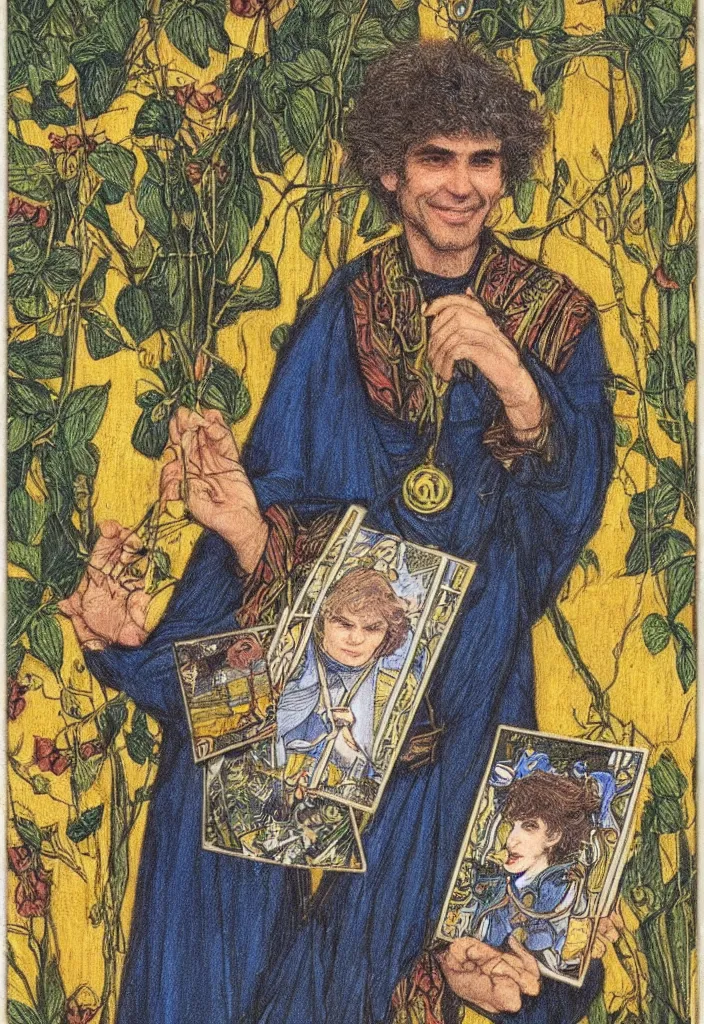 Image similar to Yoshua Bengio smiling drawn on the Tarot card. Illustration by preraphaelists.