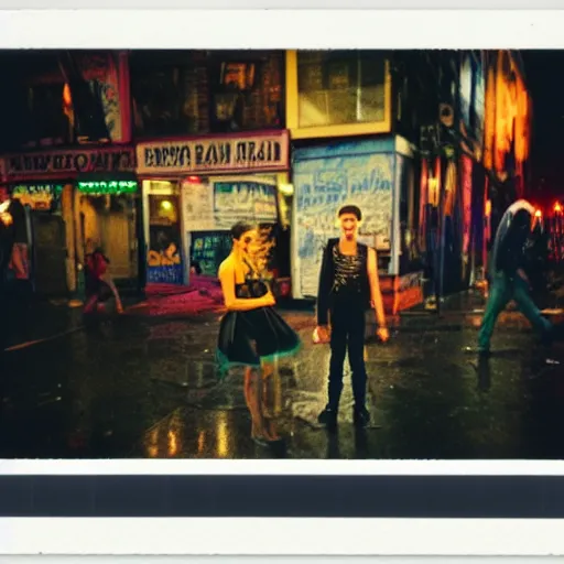 Image similar to polaroid of punks on the lower east side, colorful, nighttime, raining!