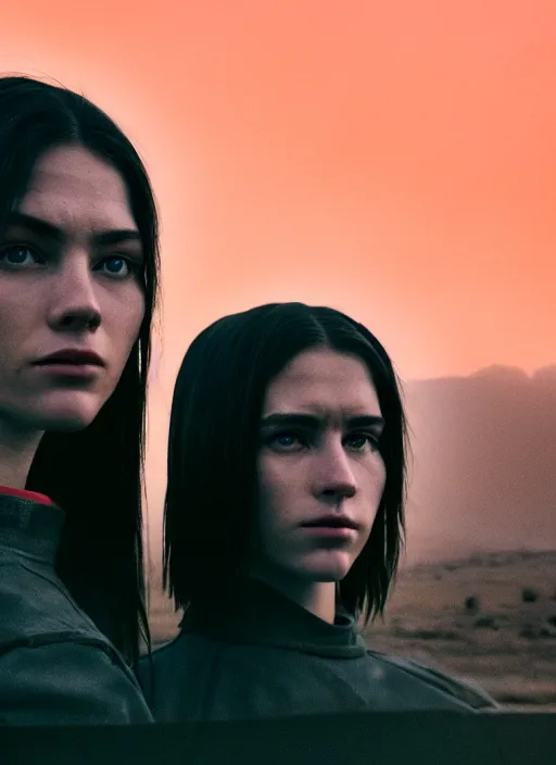 Image similar to cinestill 5 0 d photographic portrait of two loving female androids wearing rugged black techwear on a desolate plain with a red sky in front of a brutalist structure, extreme closeup, cyberpunk style, dust storm, 8 k, hd, high resolution, 3 5 mm, f / 3 2, ultra realistic faces, ex machina