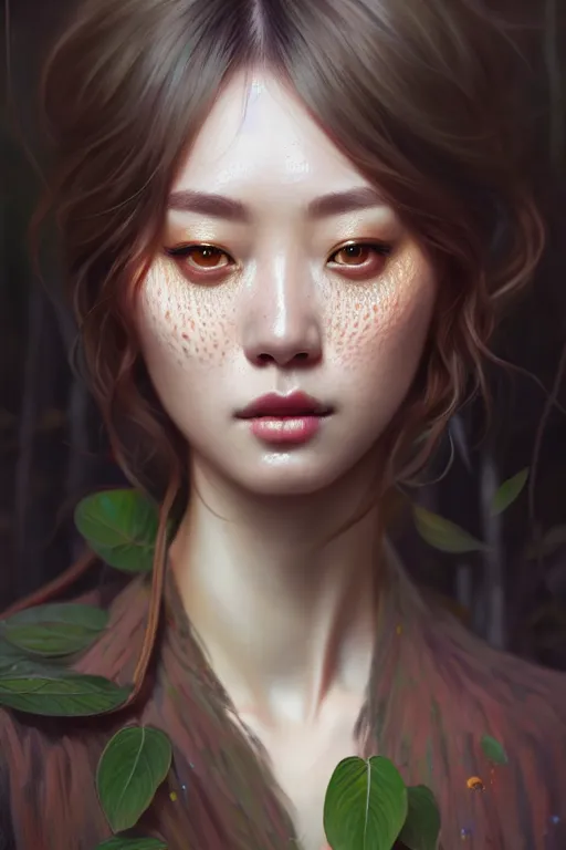 Image similar to beautiful digital painting of a hoyeon jung stylish female forest with high detail, real life skin, freckles, 8 k, stunning detail, works by artgerm, greg rutkowski and alphonse mucha, unreal engine 5, 4 k uhd