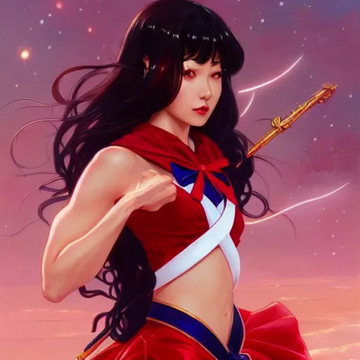 Image similar to Sailor Mars, fantasy, intricate, elegant, highly detailed, digital painting, artstation, concept art, matte, sharp focus, illustration, art by Artgerm and Greg Rutkowski and Alphonse Mucha