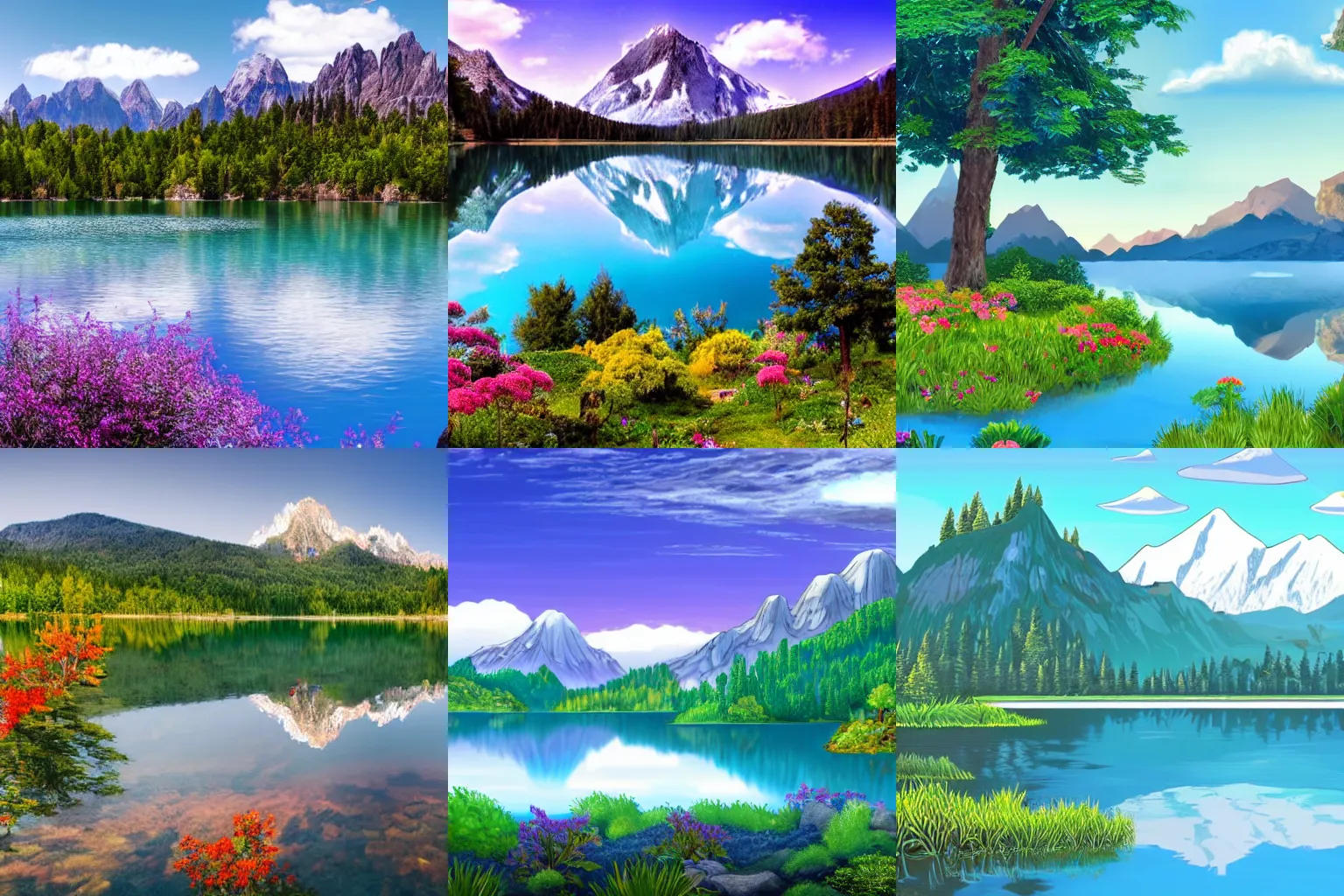 Prompt: nature scene of a calm crystal blue lake with large mountain in the background and small island in the foreground with trees, plants, and flowers, 4k, HDR, digital art, by Risa rodil, Dribbble, backgrounds, travel, landscape