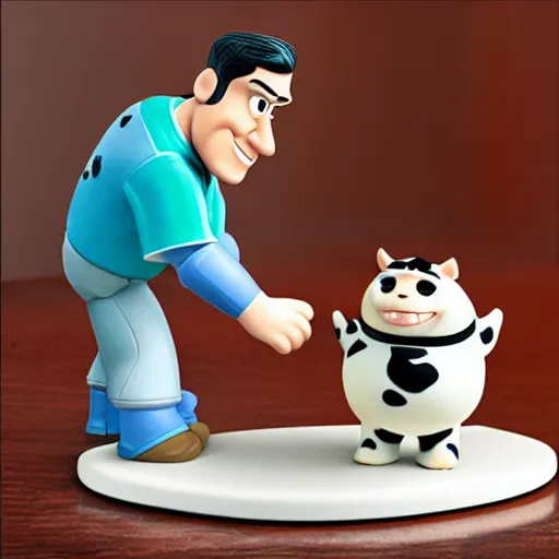 Prompt: libra scale weighing pixar cow figurine and pixar cat figurine in dish