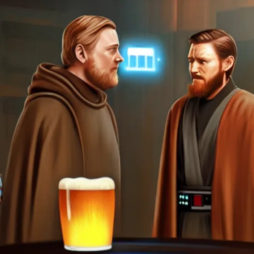 Image similar to star wars palpatine and obi wan drin beer in a sci - fi bar, movie still, screenshot, photorealistic painting, fanart, highly detailed