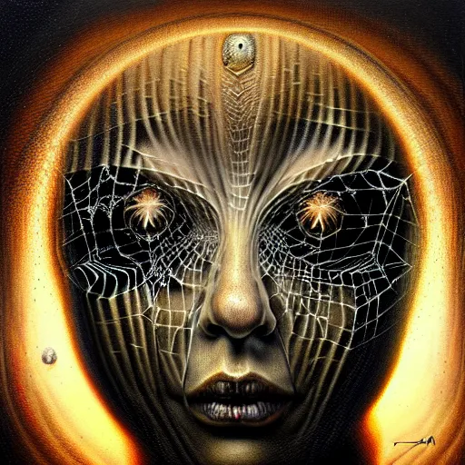 Image similar to cosmic fractal spider portrait by giger, by tomasz alen kopera and peter mohrbacher.