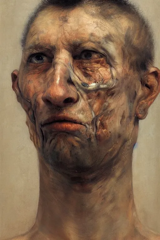 Prompt: beautiful clean oil painting biomechanical portrait of man face by borremans, wayne barlowe, rembrandt, complex, stunning, realistic, skin color